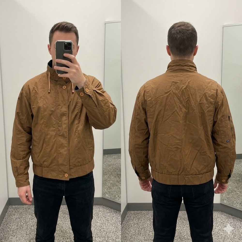 London Fog Mens L Windbreaker Jacket Brown Vintage Zip Up Bomber Funnel‎ Neck